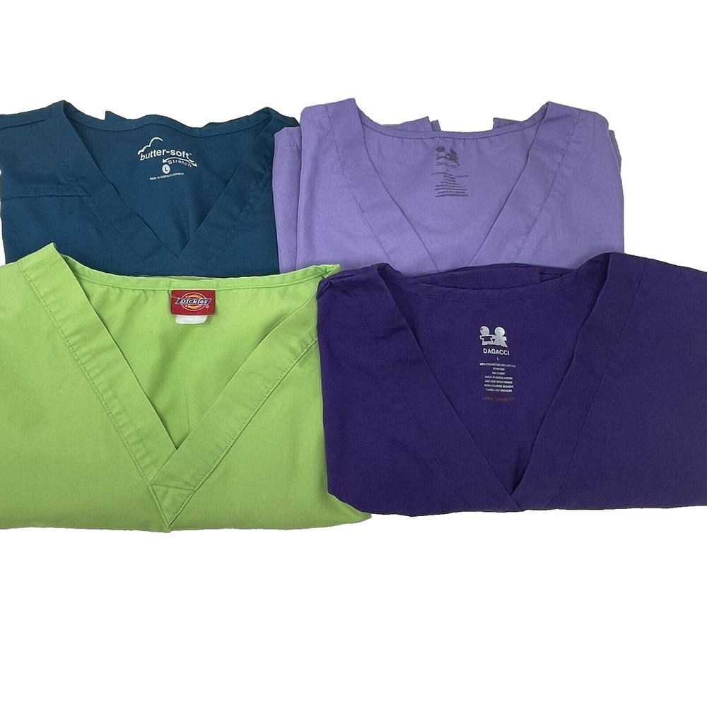 Women Scrub Tops Lot 4 Size L Short Sleeve Dentist Medical Uniform Doctor Office